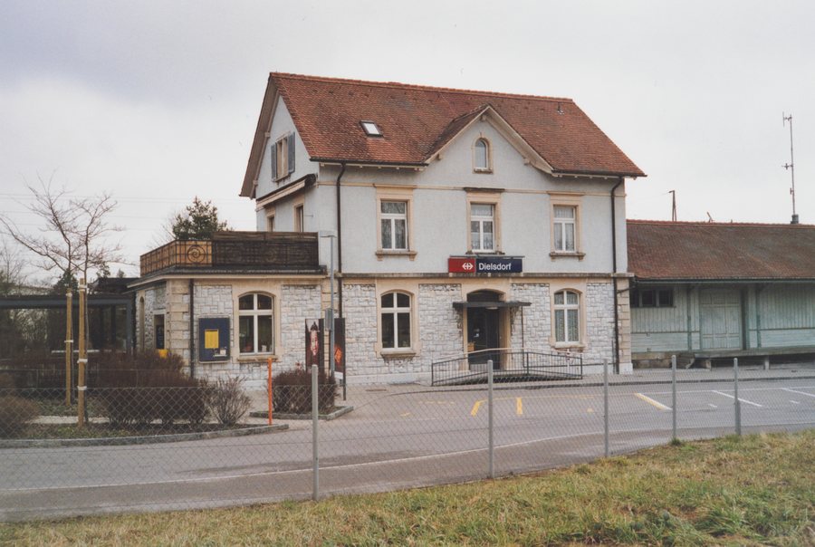 Dielsdorf station building with goods shed, street side